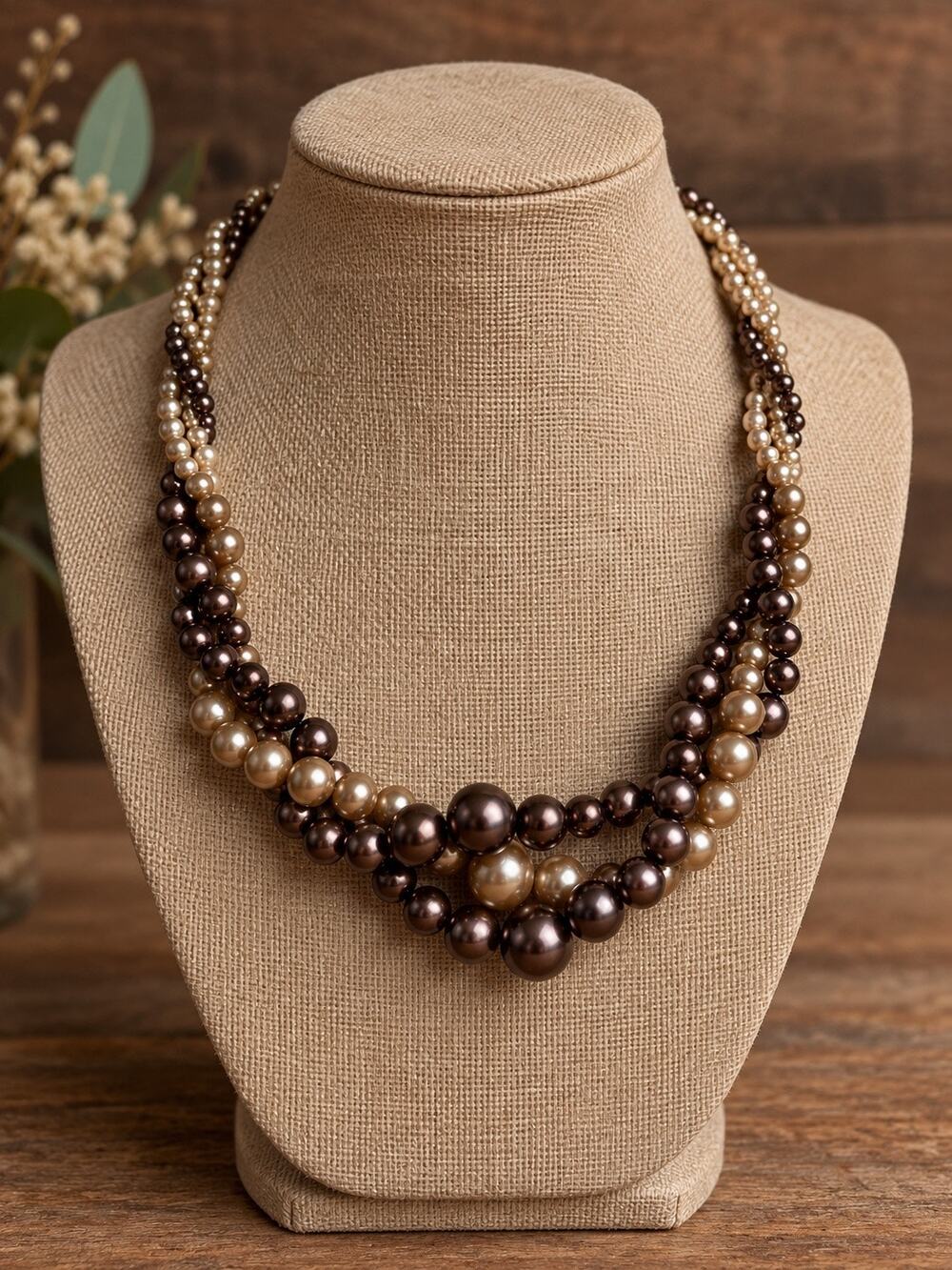 RMN Brown Bronze Faux Pearl Multi Strand Statement Necklace Chunky Beaded